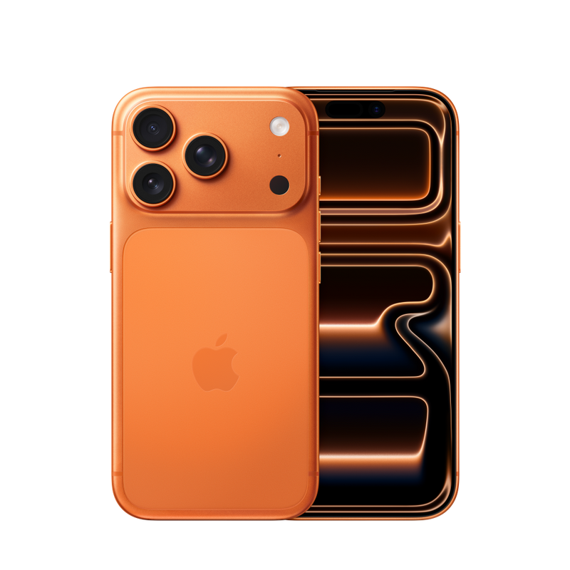 iPhone 17 Pro, oranžová, pohled zepředu a zezadu